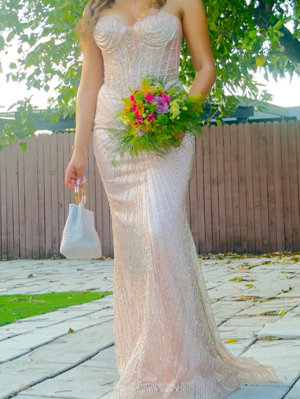 Blush Pearl-Embellished Strapless Prom Gown